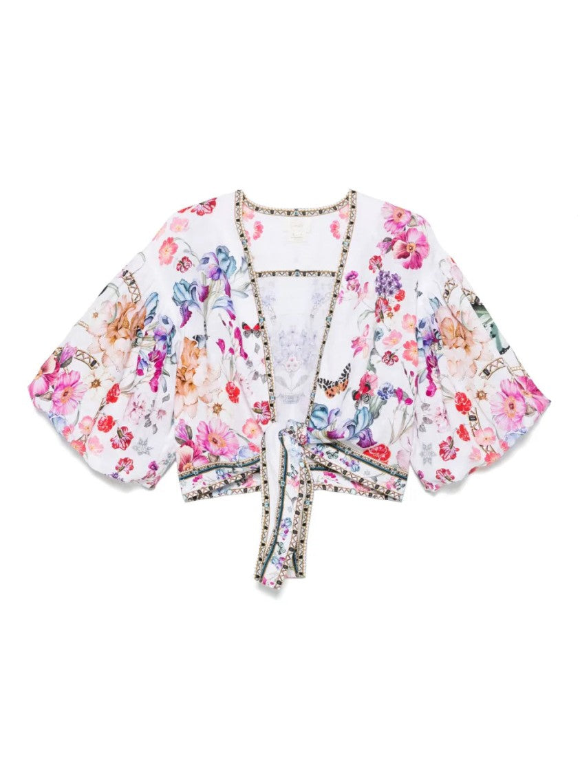 Camilla White V-Neck Crop Top With Knot Detailing And Wide Sleeves