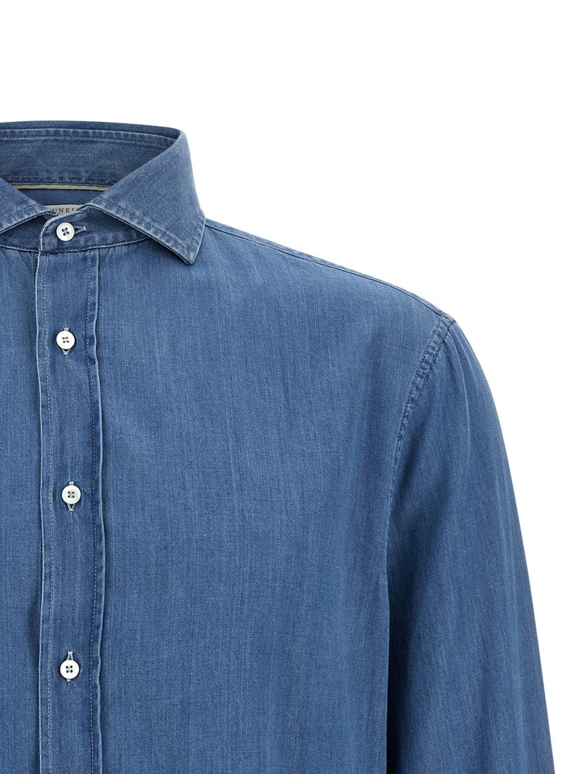 Brunello Cucinelli Light Blue Cotton Denim Shirt With Classic Collar