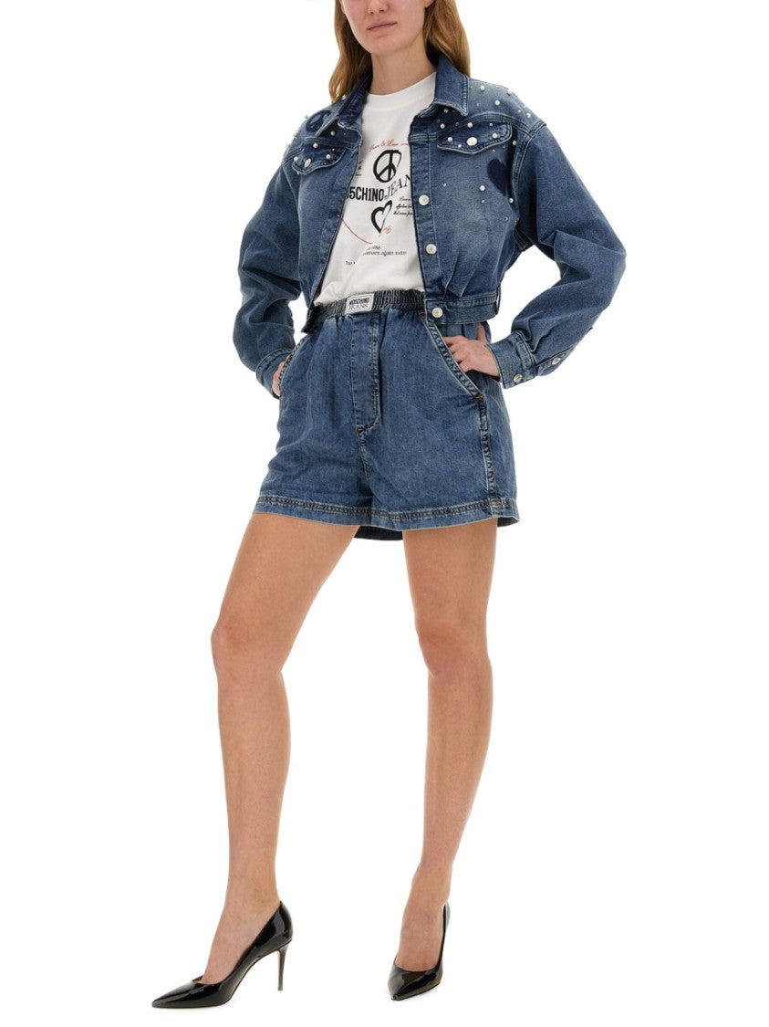 Moschino Pearl-Accented Denim Shirt With Belted Waist