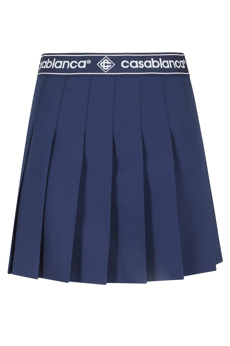 Casablanca Navy Pleated Flared Logo-Band Polyester-Blend Mini Skirt