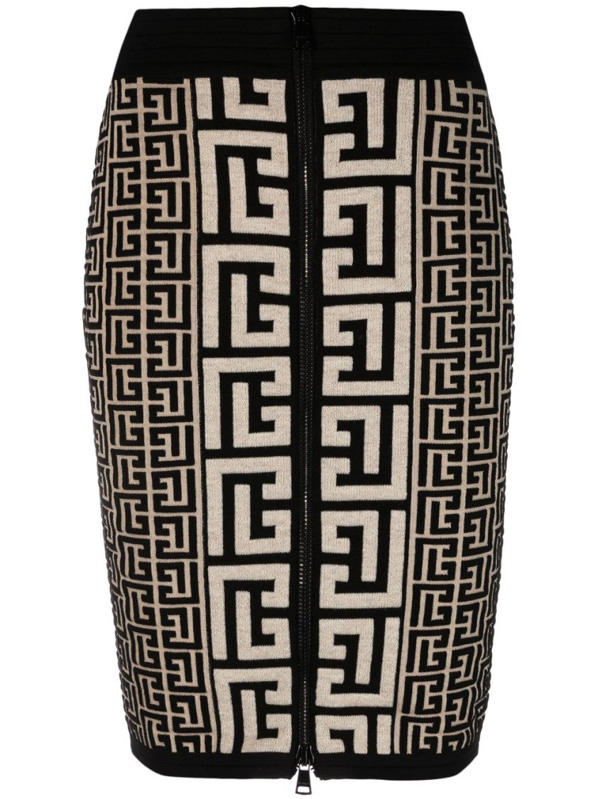 Balmain Neutral Monogram Knit Geometric Wool Skirt