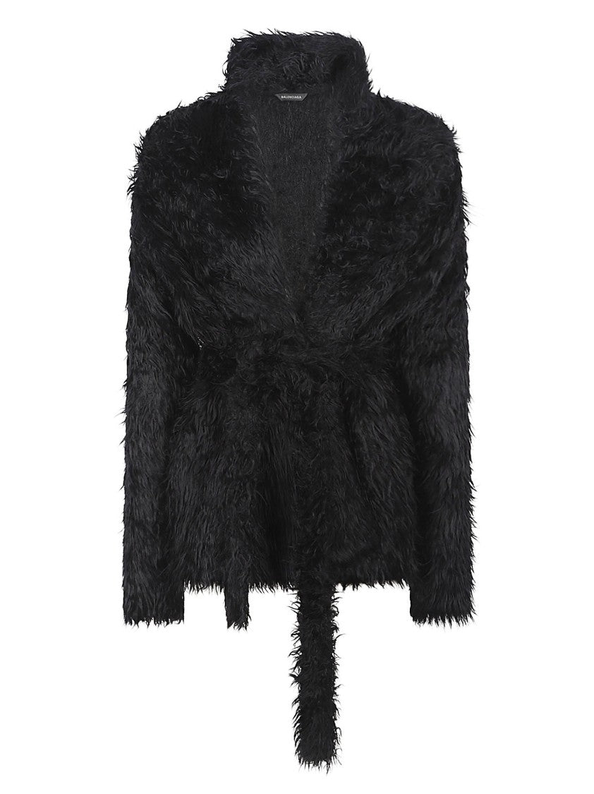 Balenciaga Wrap-Style Textured Jacket With Tie Belt And Cozy Finish