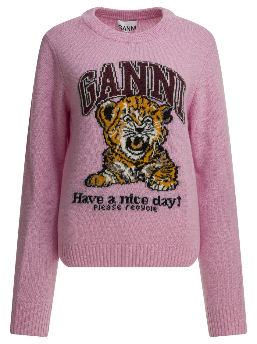 Ganni Playful Graphic Print Wool Sweater With Eco-Friendly Composition