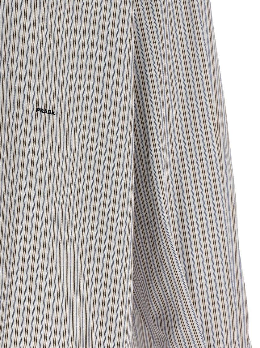 Prada Neutral Striped Cotton Poplin Shirt With Logo Embroidery