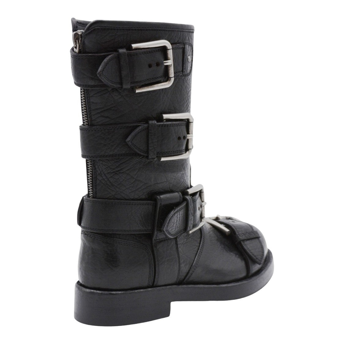 Dolce & Gabbana Mid-Calf Textured Leather Boots With Silver-Tone Buckles