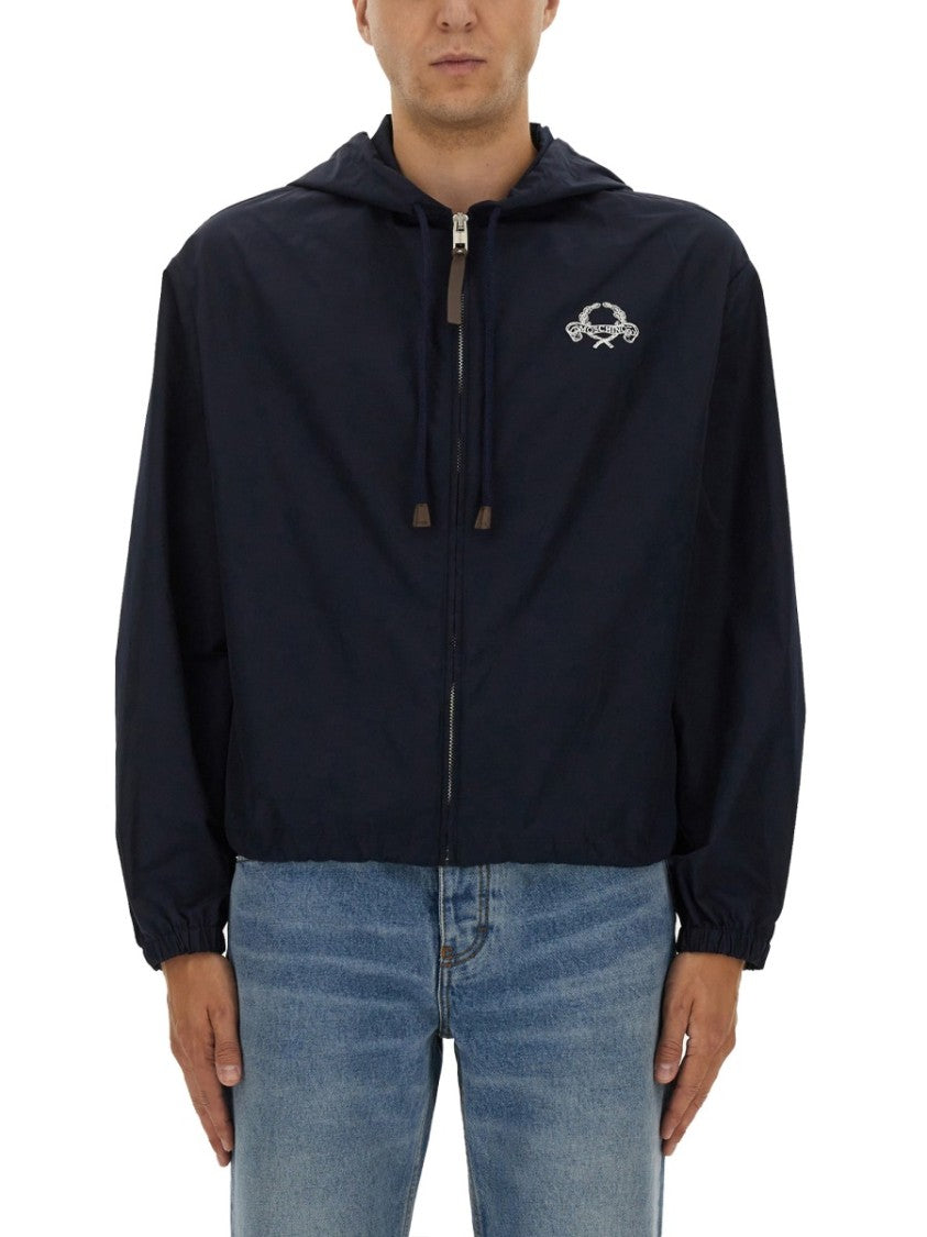 Moschino Hooded Blue Nylon Jacket With Adjustable Hem