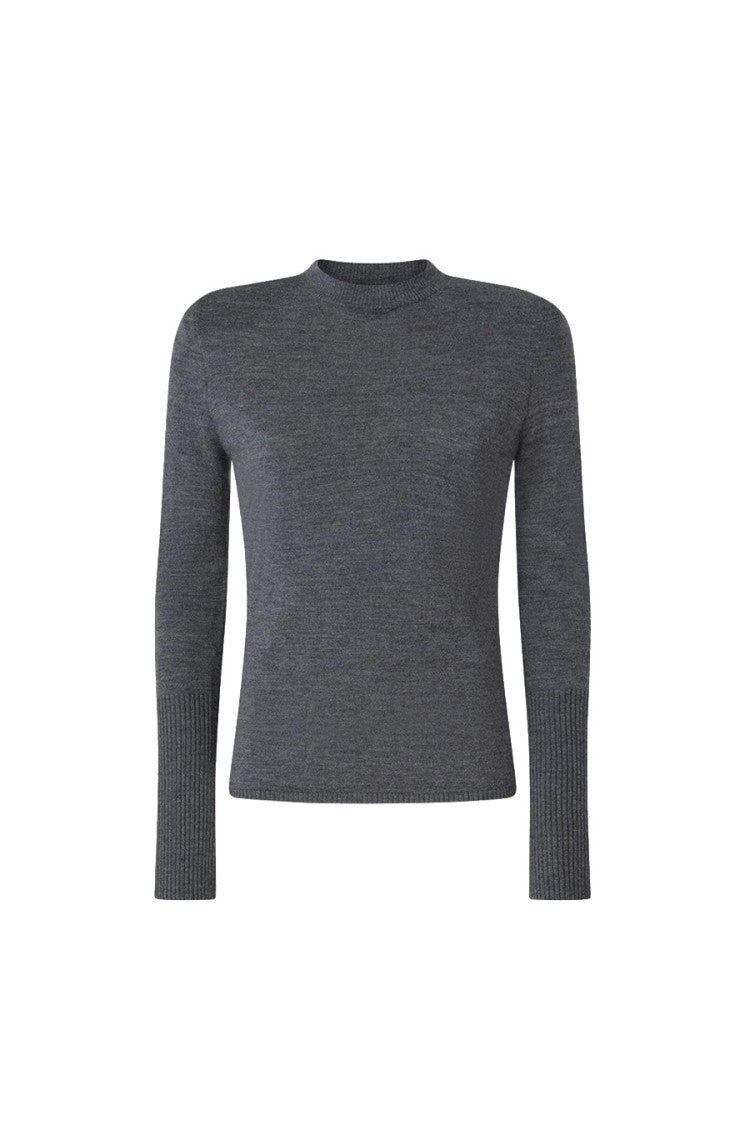 Pinko Grey Wool Ribbed-Cuff Mock-Neck Sweater