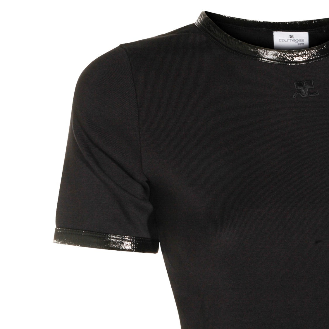 Courrèges Black Cotton T-Shirt With Glossy Vinyl Trims