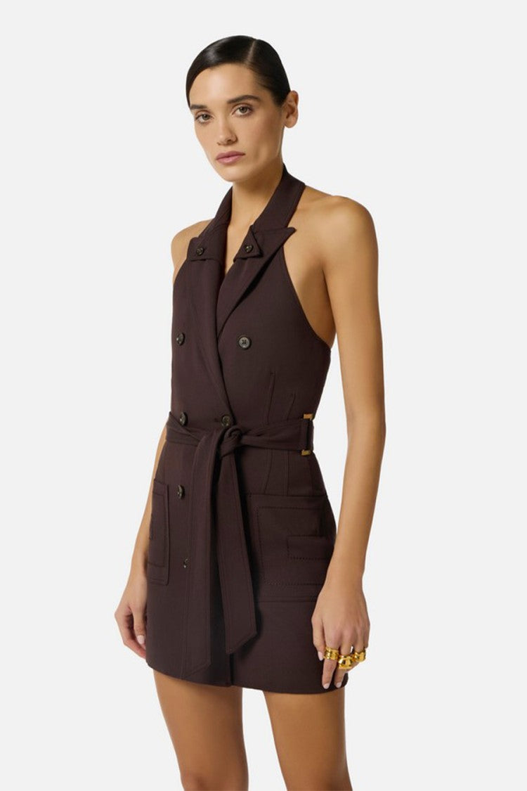 Elisabetta Franchi Brown Double-Breasted Halter V-Neck Viscose-Blend Mini Dress