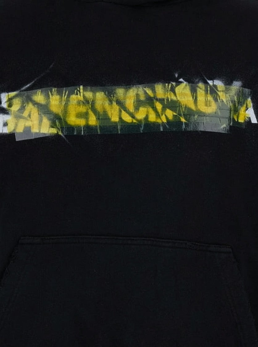 Balenciaga Relaxed Fit Black Hoodie With Graphic Print And Ribbed Cuffs
