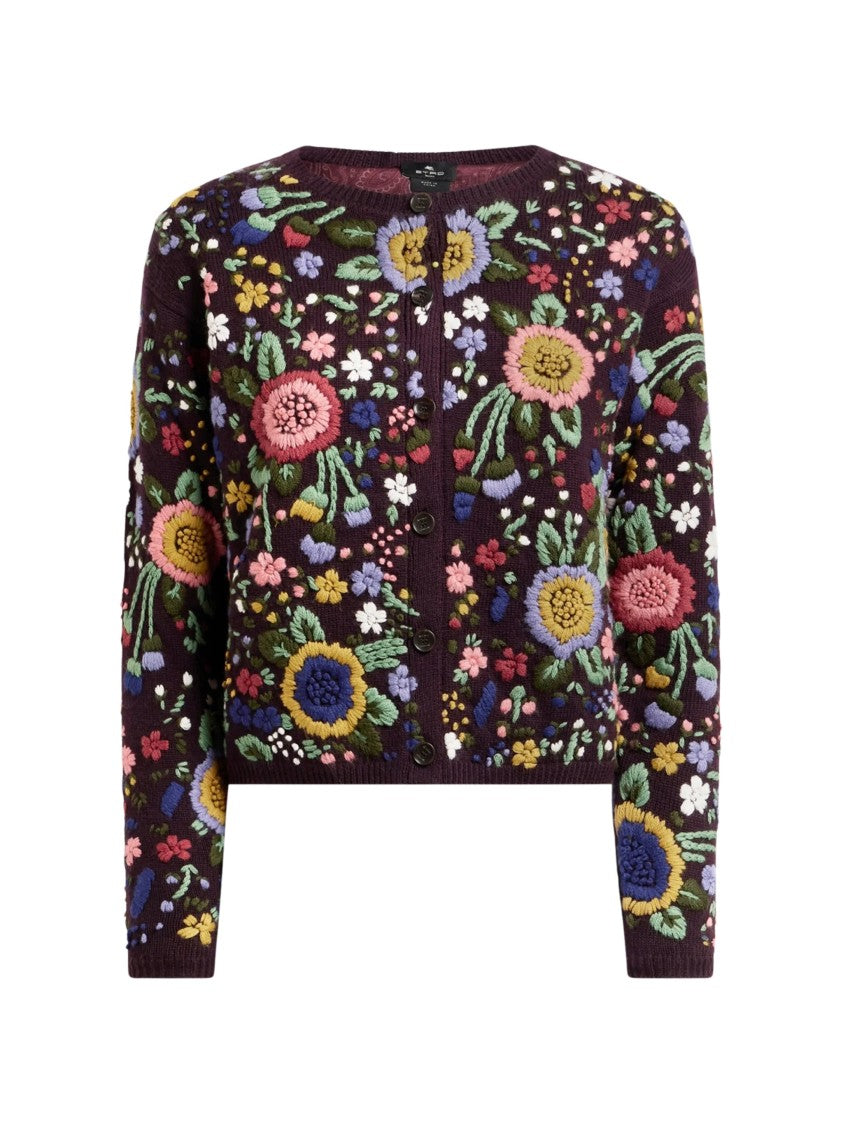 Etro Cropped Burgundy Floral Embroidered Cardigan