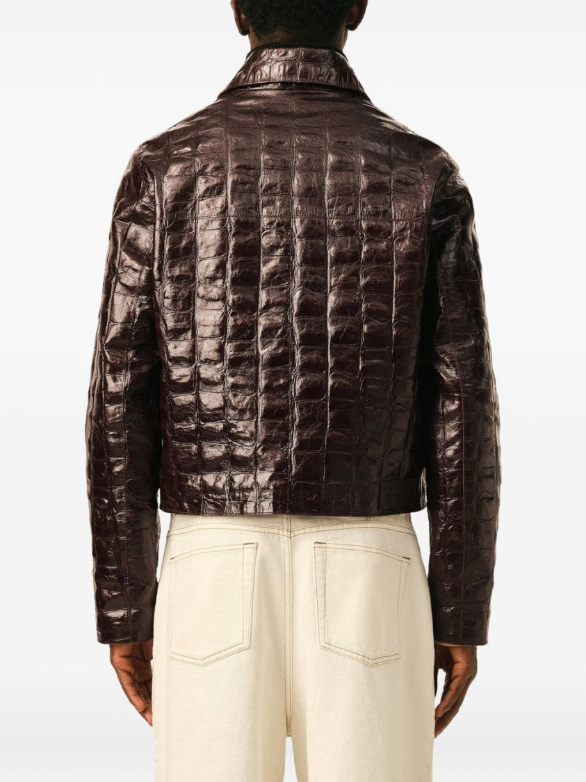 Ami Paris Cropped Textured Jacket With Glossy Crocodile Finish