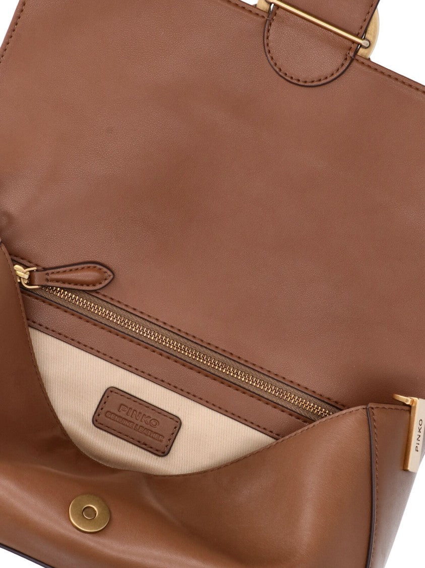 Pinko Brown Leather Love Birds Flap Shoulder Bag