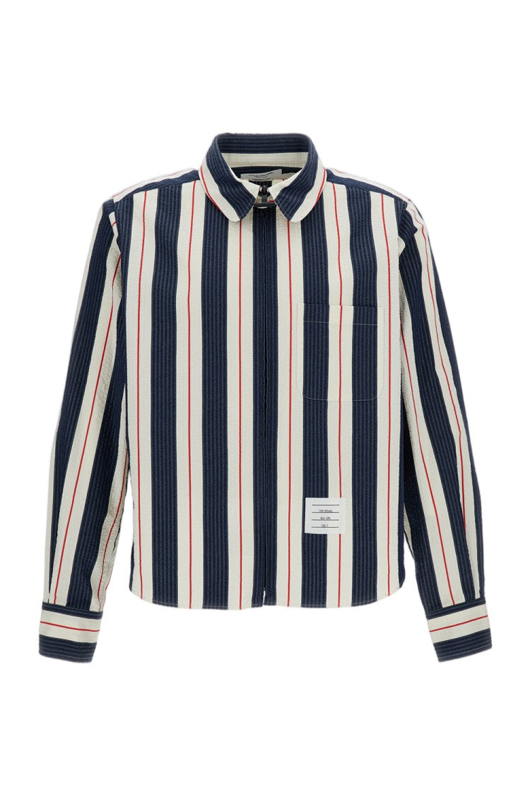Thom Browne Seersucker Stripe Zip-Up Shirt With Point Collar