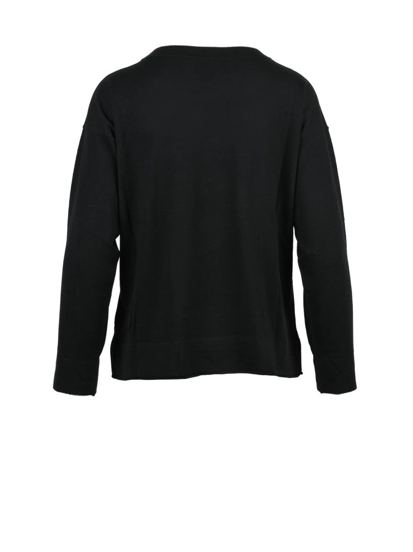 Alpha Studio Lightweight Black Merino Wool Sweater With Boat Neck Design