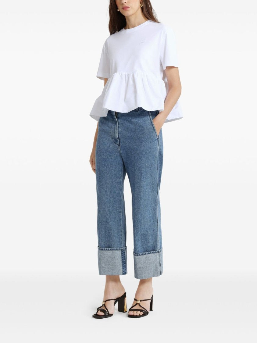 Patou White Crew Neck T-Shirt With Ruffle Hem