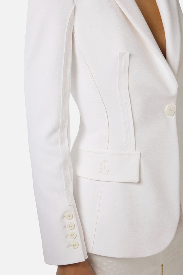 Elisabetta Franchi Ivory Peak Lapel Single-Button Raw-Edge Polyester-Blend Blazer