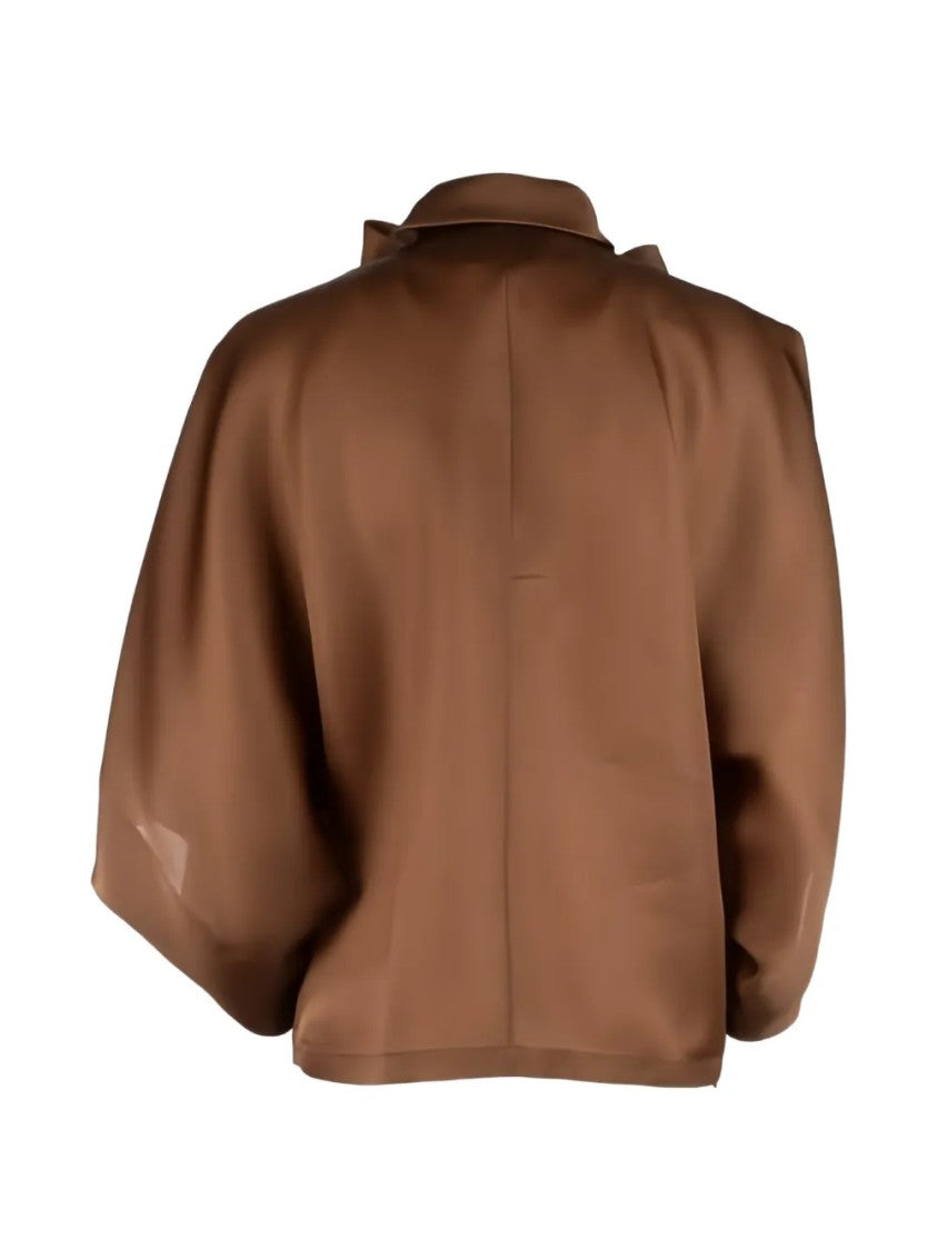 Alberta Ferretti Satin Brown Blouse With Oversized Bow Tie And Boxy Silhouette