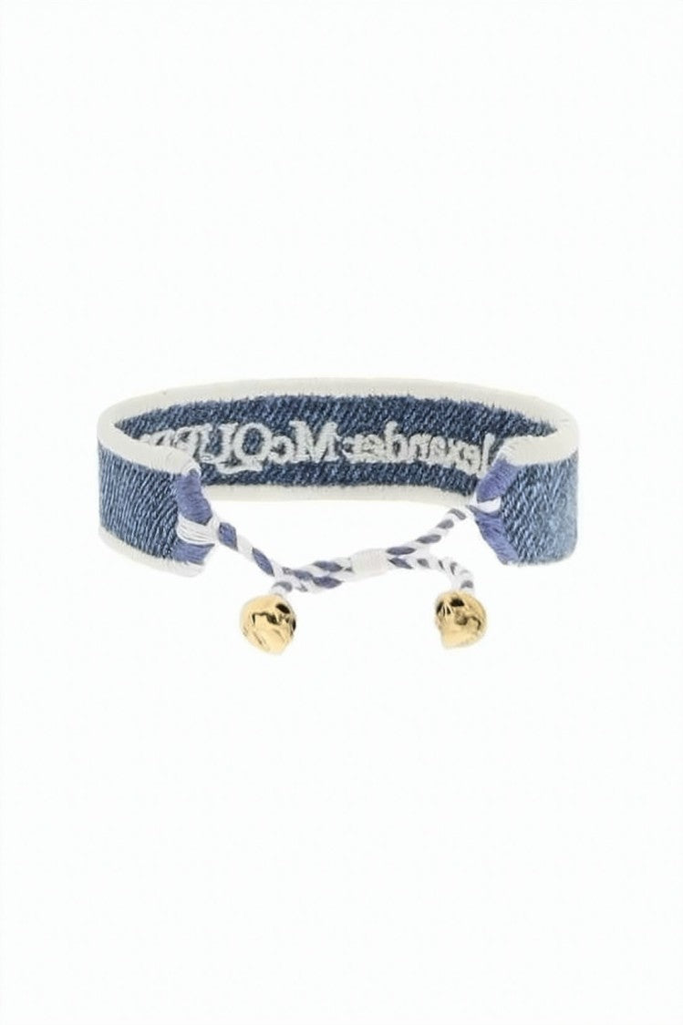 Alexander Mcqueen Denim-Texture Fabric Bracelet With Gold-Tone Skull Charms