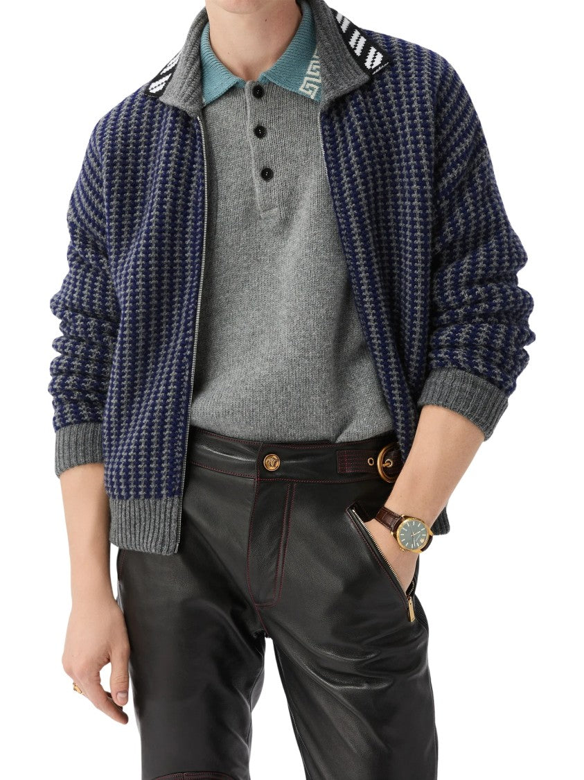 Versace Waffle Knit Zip Cardigan With Geometric Intarsia Motif