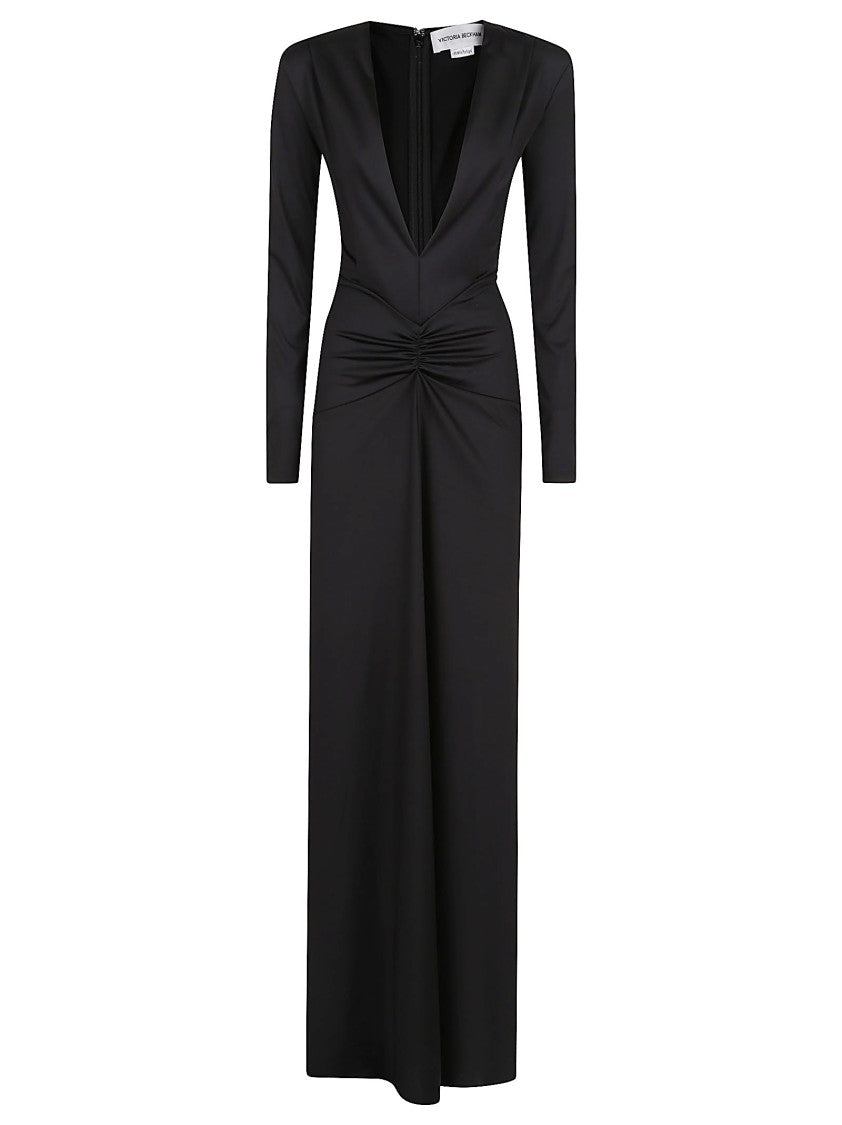 Victoria Beckham Long Sleeve Deep V-Neck Gown