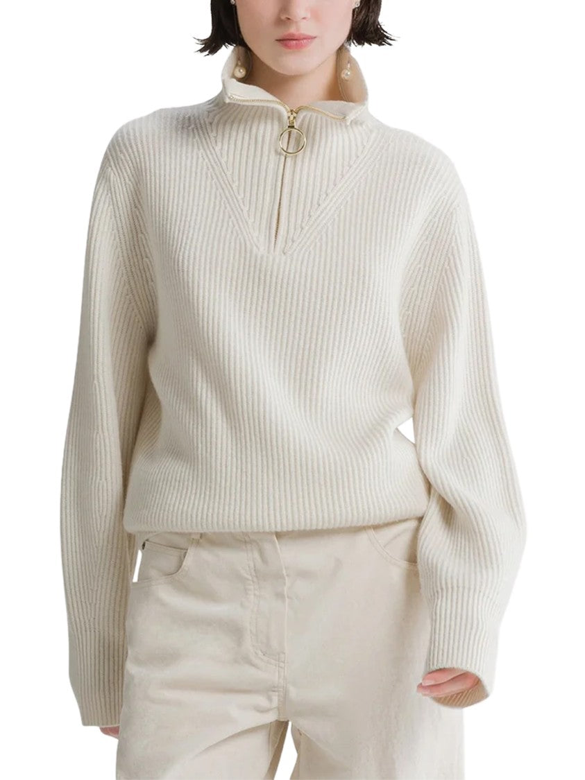 Forte Forte High Collar Ribbed Knit Sweater With Circular Zipper Pull