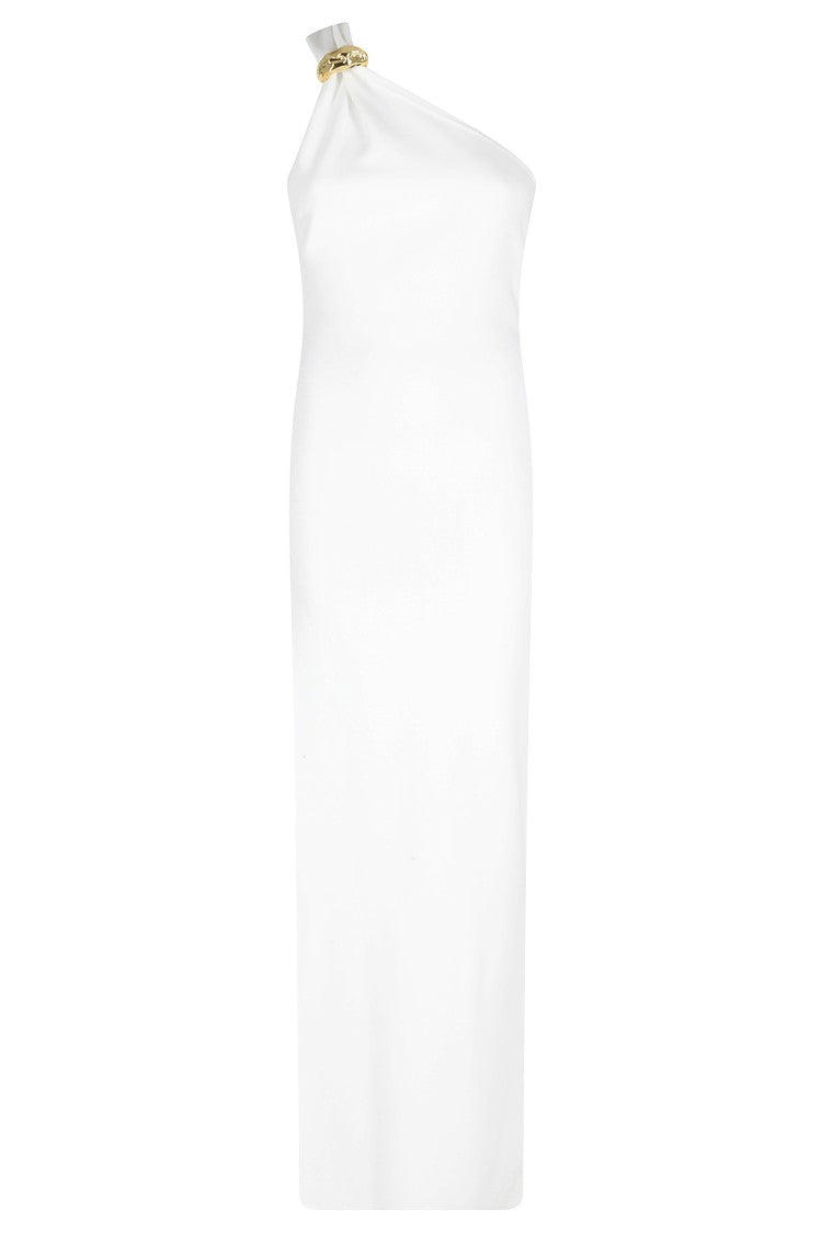 Elisabetta Franchi Ivory One-Shoulder Golden-Jewel Viscose-Blend Evening Dress