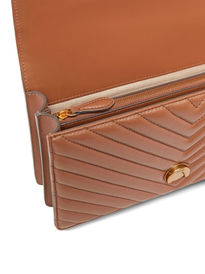 Pinko Chevron-Quilted Brown Shoulder Bag With Gold-Tone Clasp