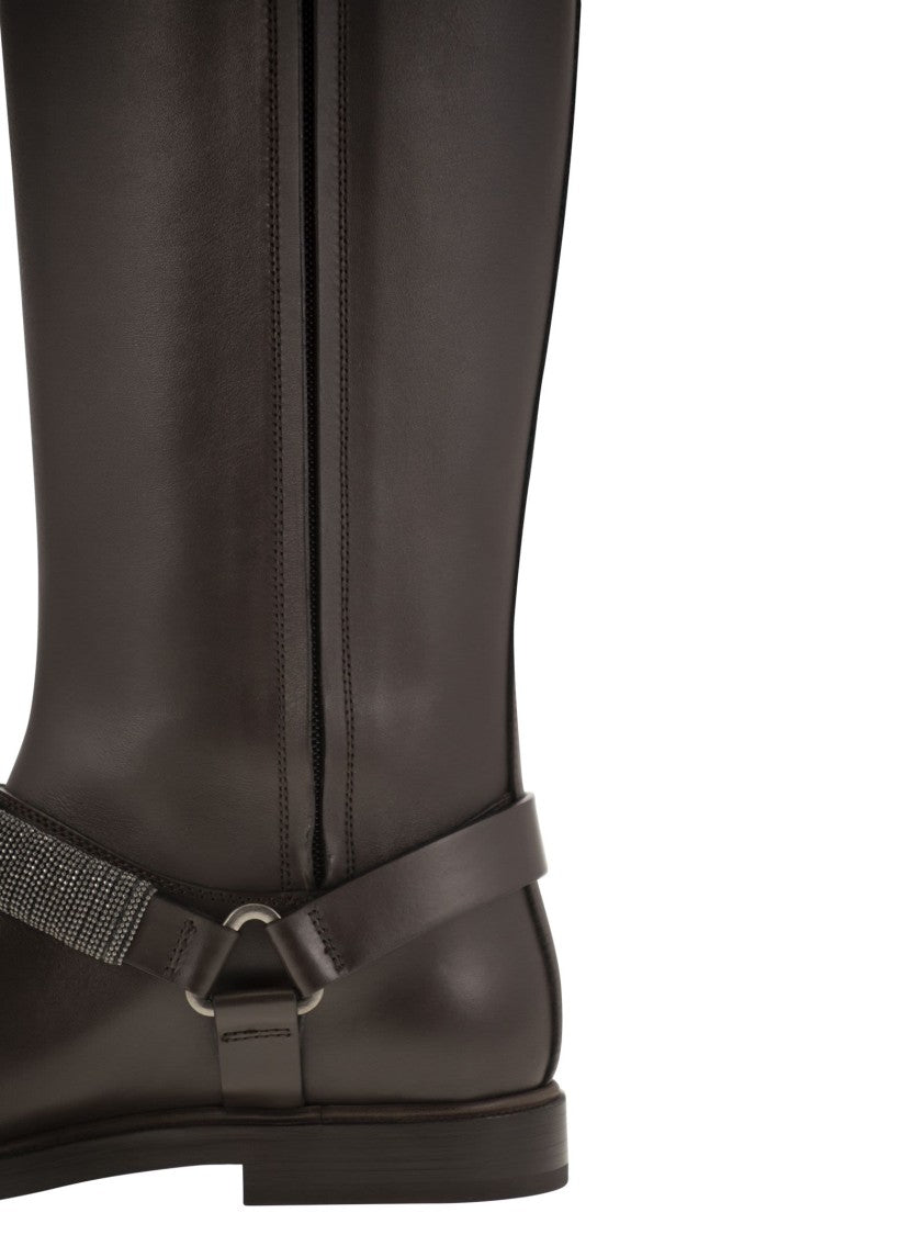 Brunello Cucinelli Mat Calf Boots With Precious Ribbed Strap