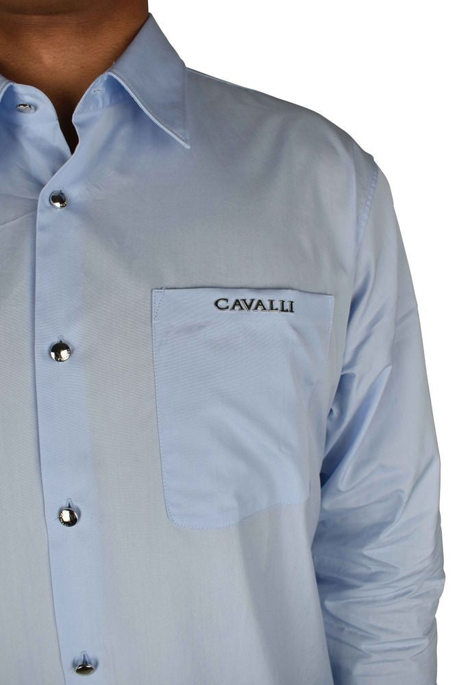 Roberto Cavalli Light Blue Cotton Shirt With Pointed Collar