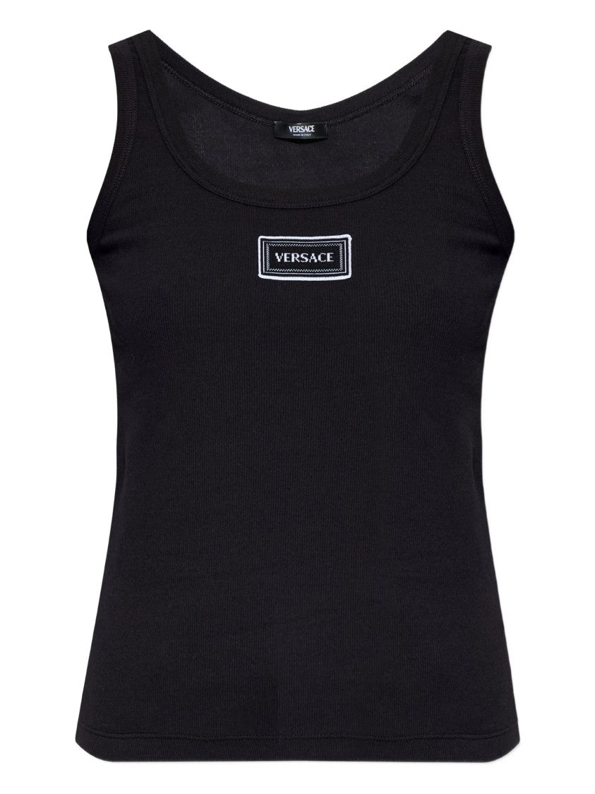 Versace Black Fitted Text Patch Cotton Top