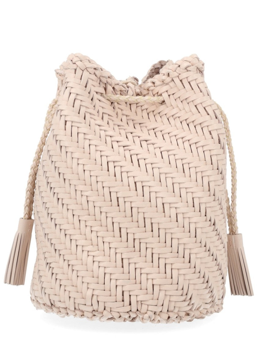 Dragon Diffusion Neutral Basket Weave Tassel Drawstring Handbag