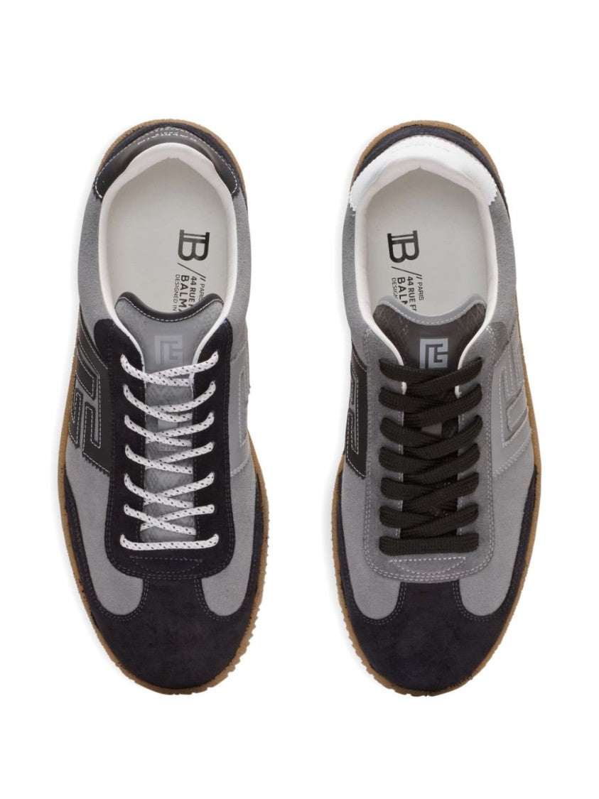 Balmain Grey Panelled Suede Texture Lace Sneakers
