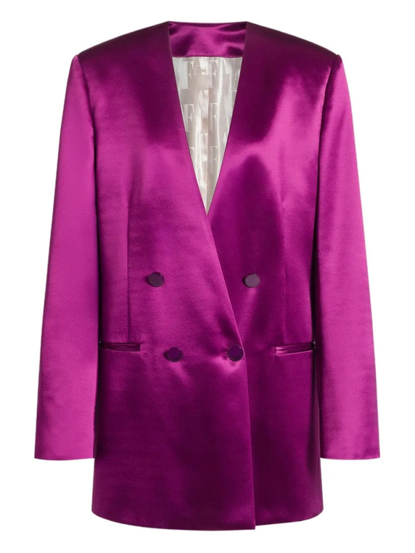 Alberta Ferretti Double-Breasted Shiny Satin Jacket With Magenta Finish