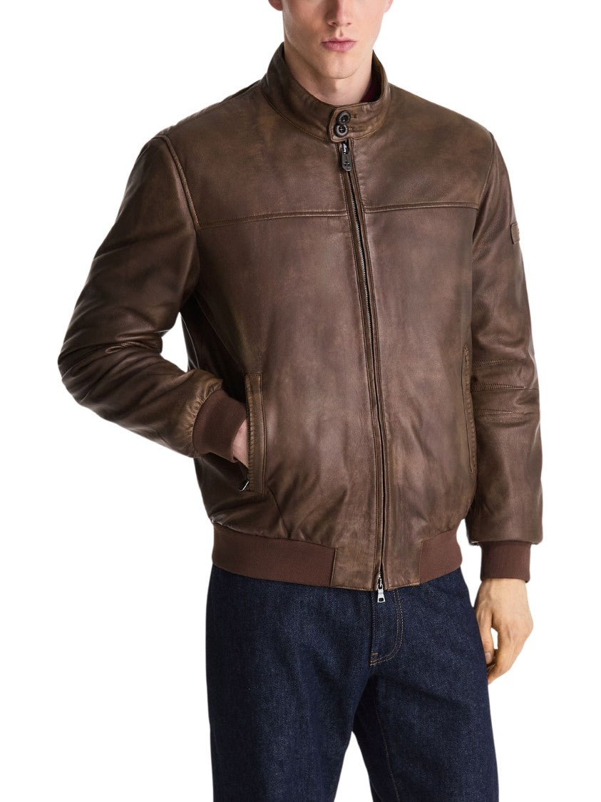 Peuterey Brown Vintage-Effect Leather Bomber Jacket With Ribbed Details