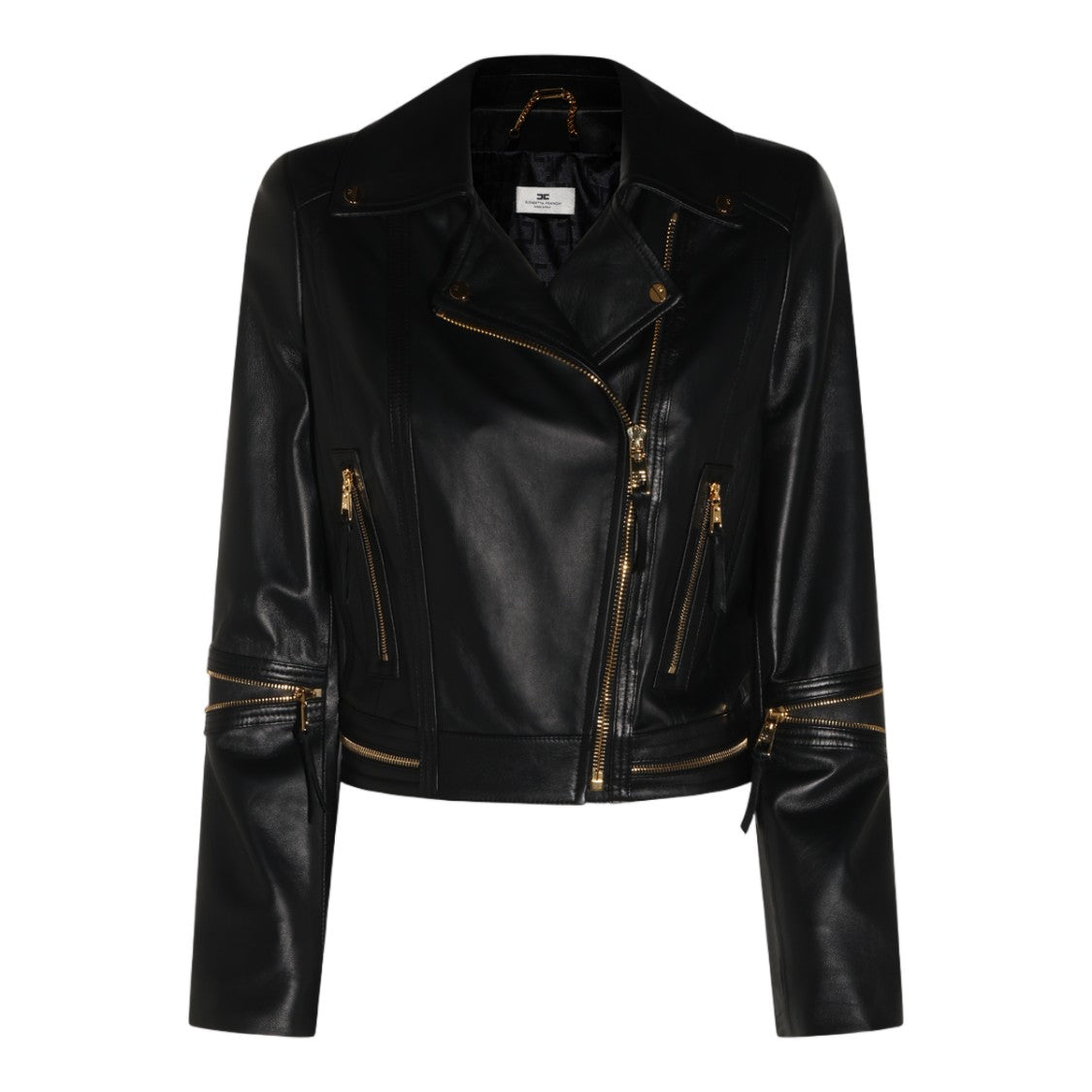 Elisabetta Franchi Fitted Black Leather Jacket With Asymmetrical Zipper