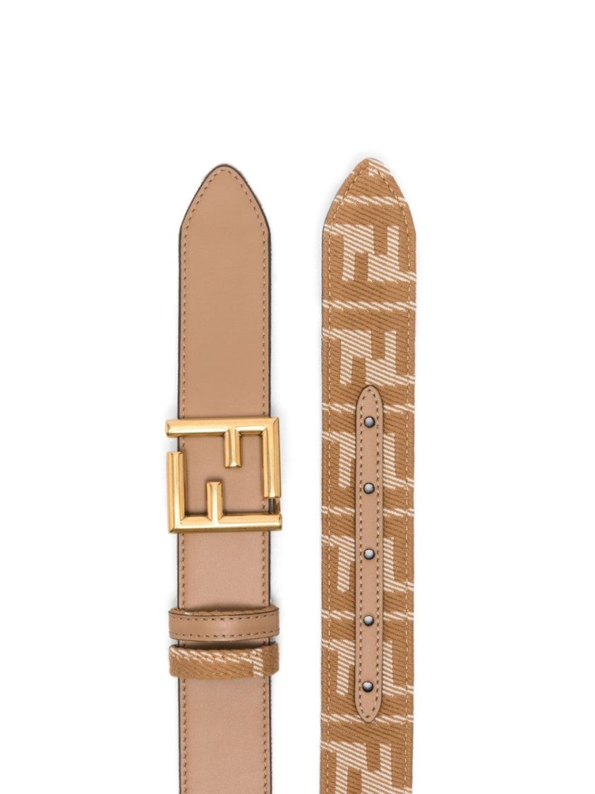 Fendi Camel Leather Belt With Prominent Ff Buckle