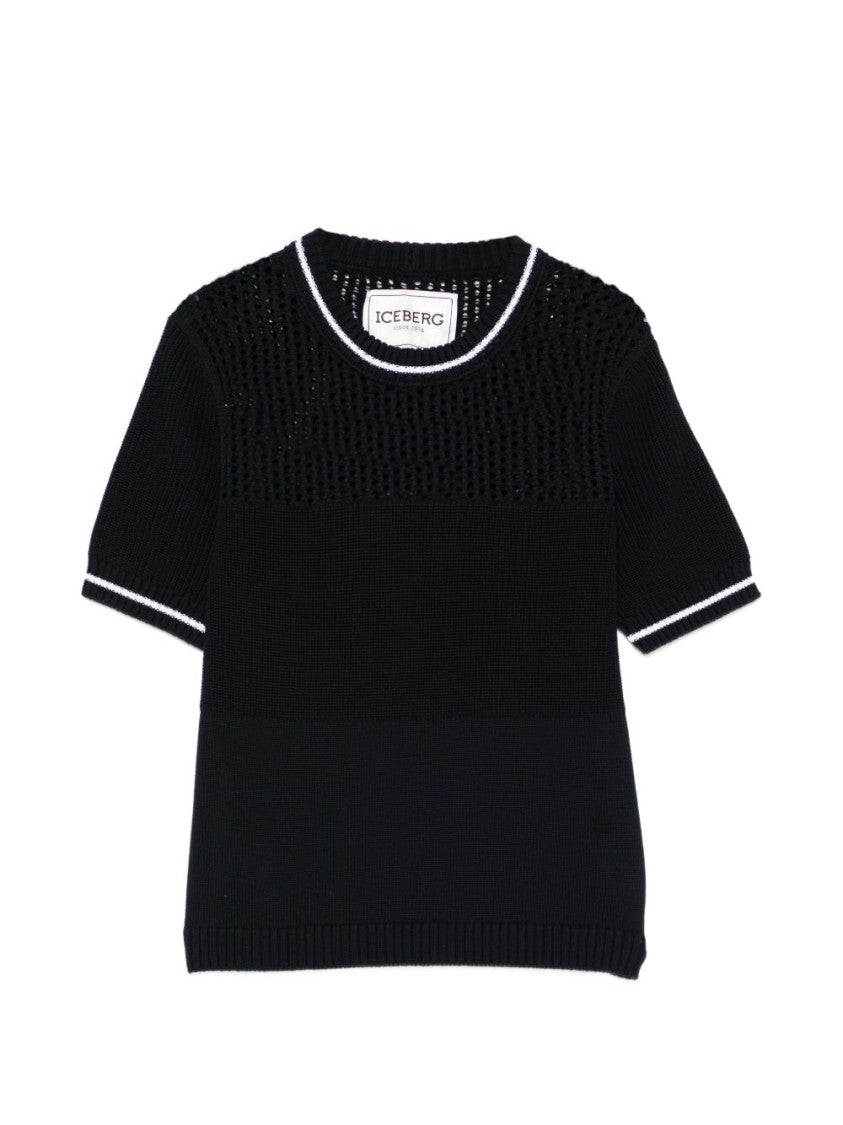 Iceberg Black Openwork Knit Crew Neck Sweater