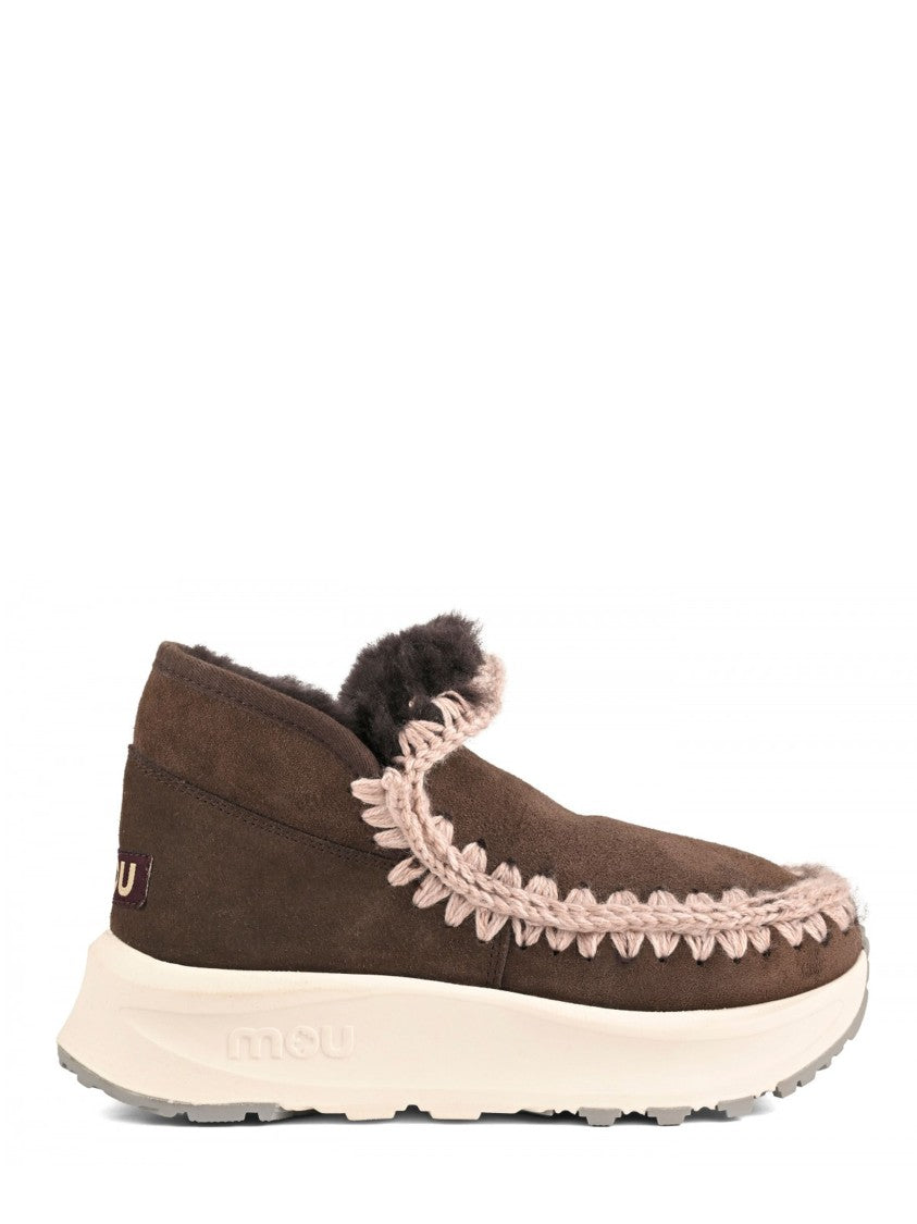 Mou Brown Whipstitch Sheepskin-Lined Suede Sneakers