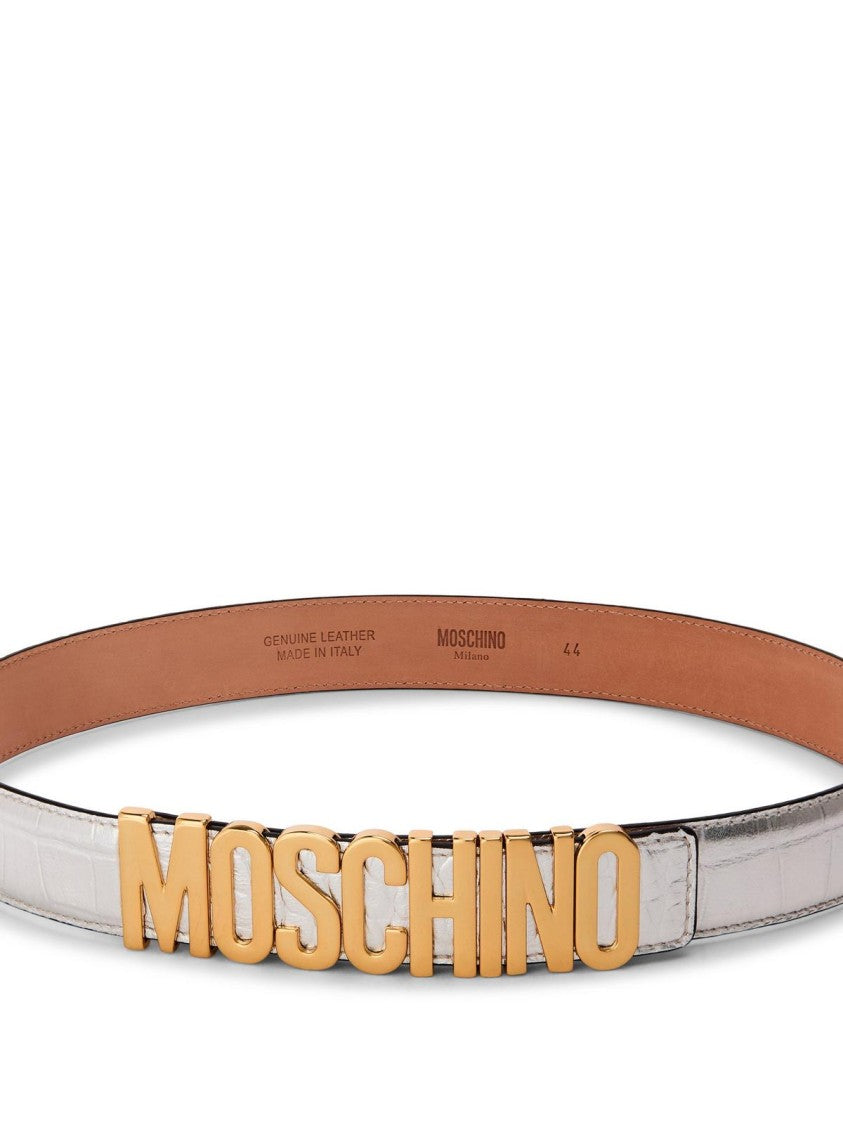 Moschino Silver Logo Lettering Buckle Leather Belt