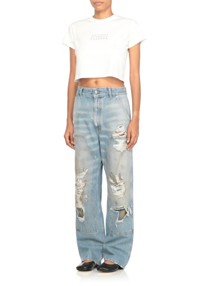 Mm6 By Maison Margiela Cropped White T-Shirt With Contrasting Numeric Logo