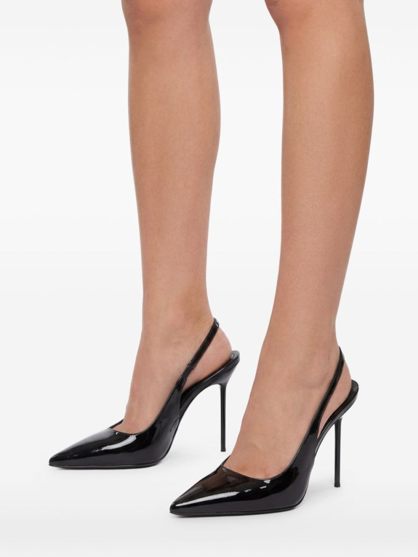 Paris Texas Black Pointed-Toe Silk-Nylon Slingback Pumps