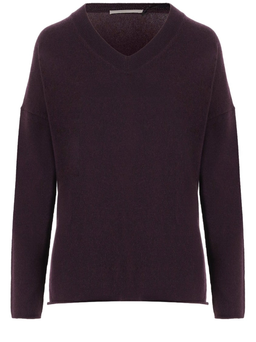 Allude Dark Purple Ribbed V-Neck Cashmere Sweater