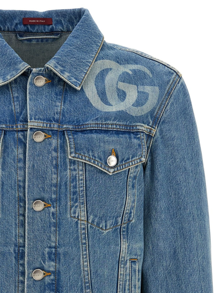 Gucci Washed Denim Jacket With Signature Gg Detailing