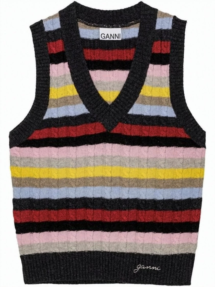 Ganni Ribbed Knit Sweater Vest With Vertical Stripe Accents