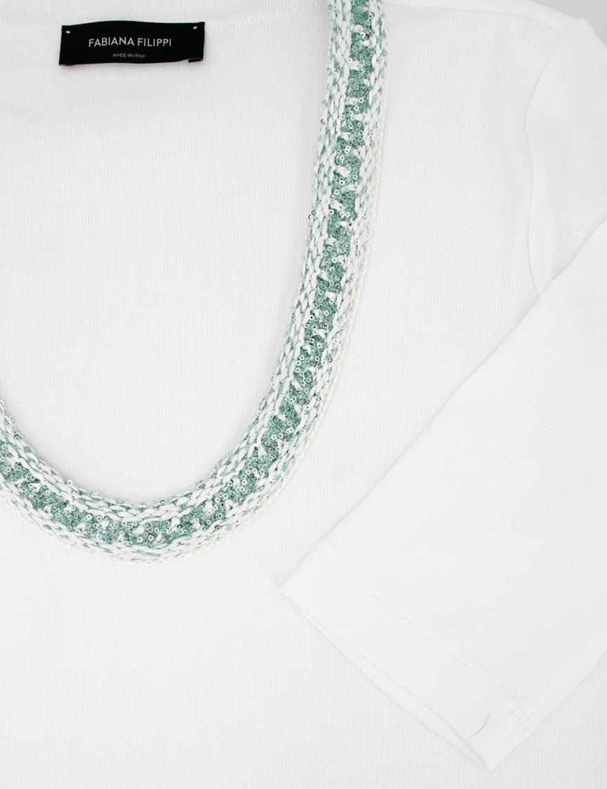 Fabiana Filippi White Cotton T-Shirt With Sequined Neckline