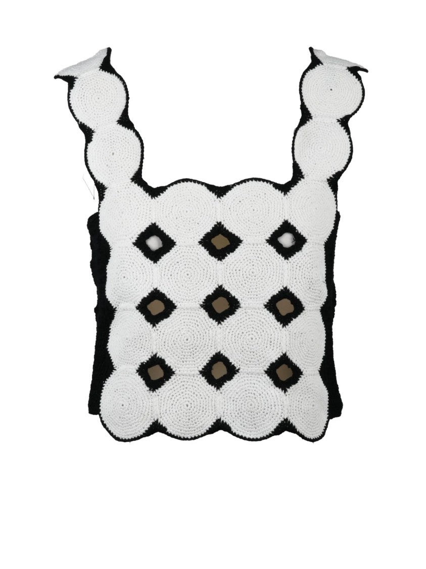 Alpha Studio White Black Linen Cotton Macramé Top