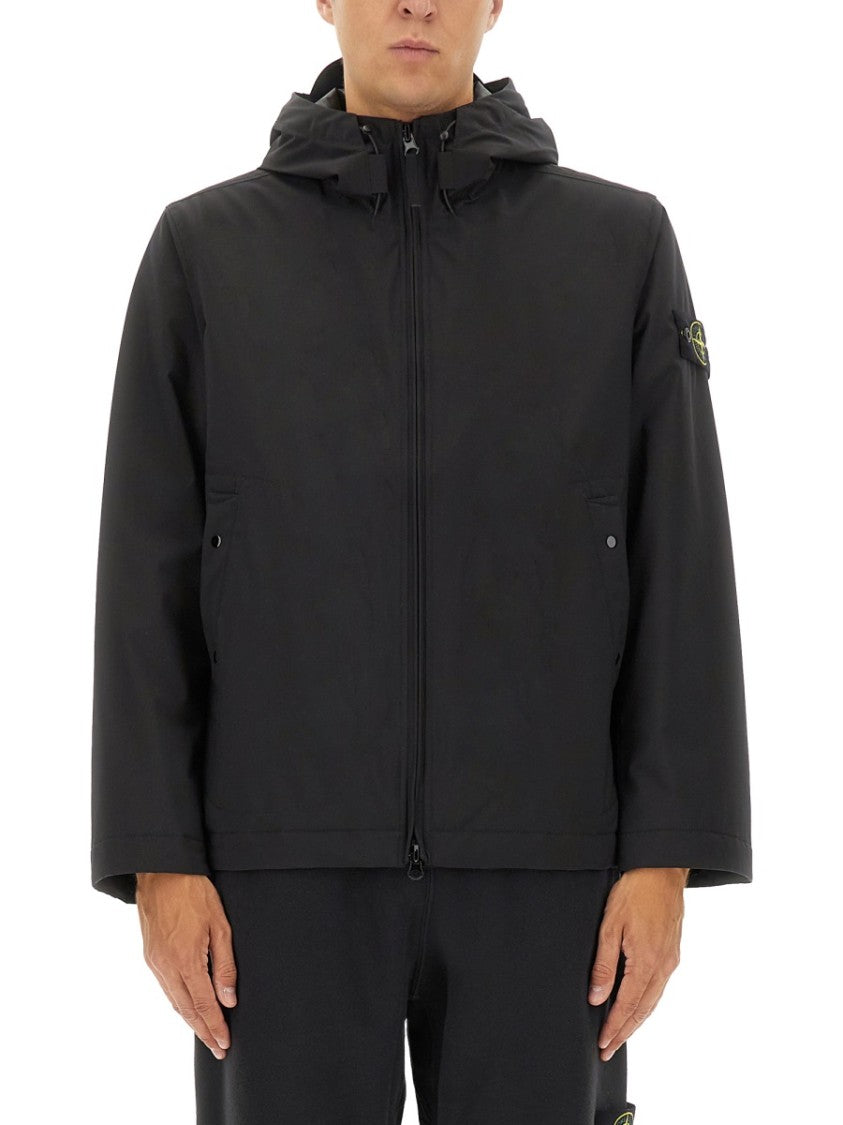 Stone Island Black Hooded Jacket With Zipper Closure