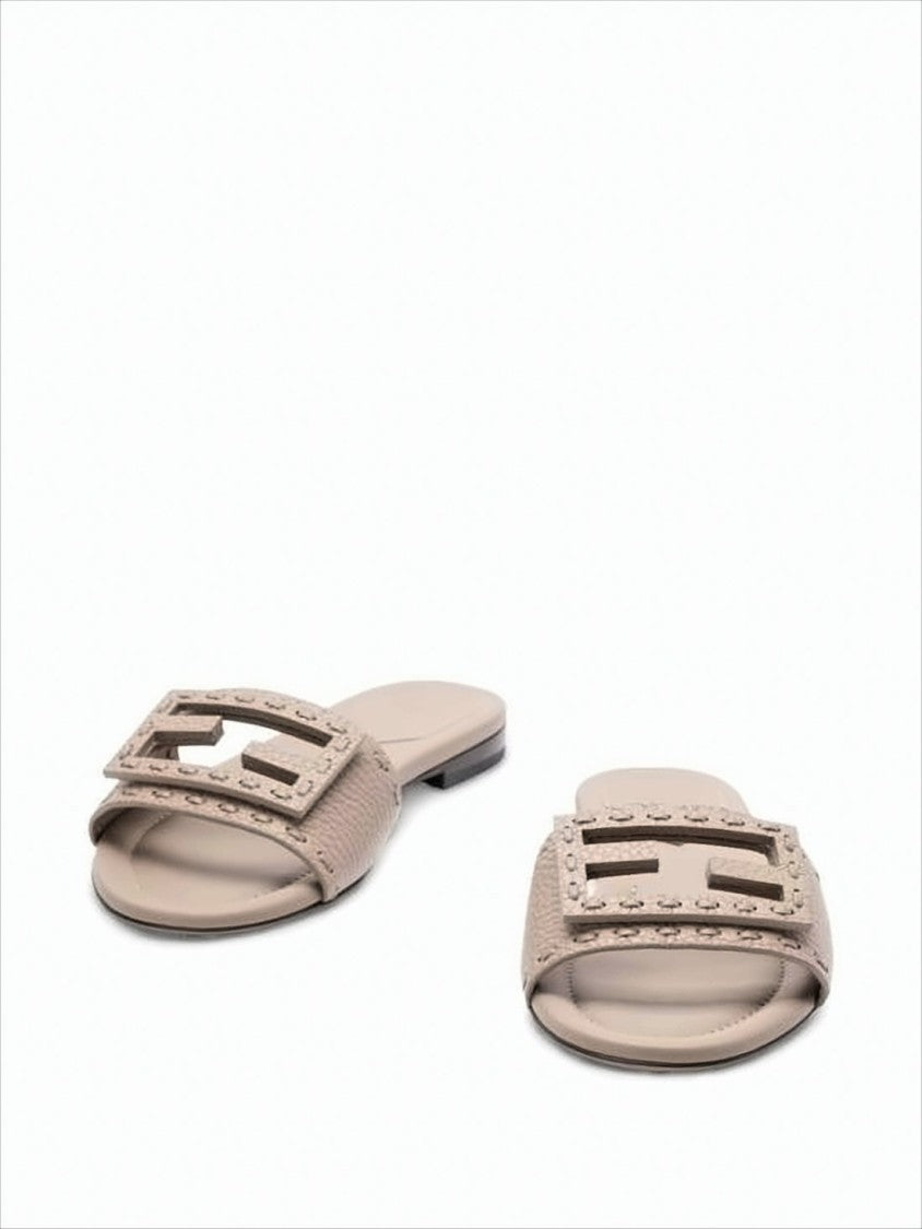 Fendi Geometric Buckle Slide Sandals In Textured Calf Leather