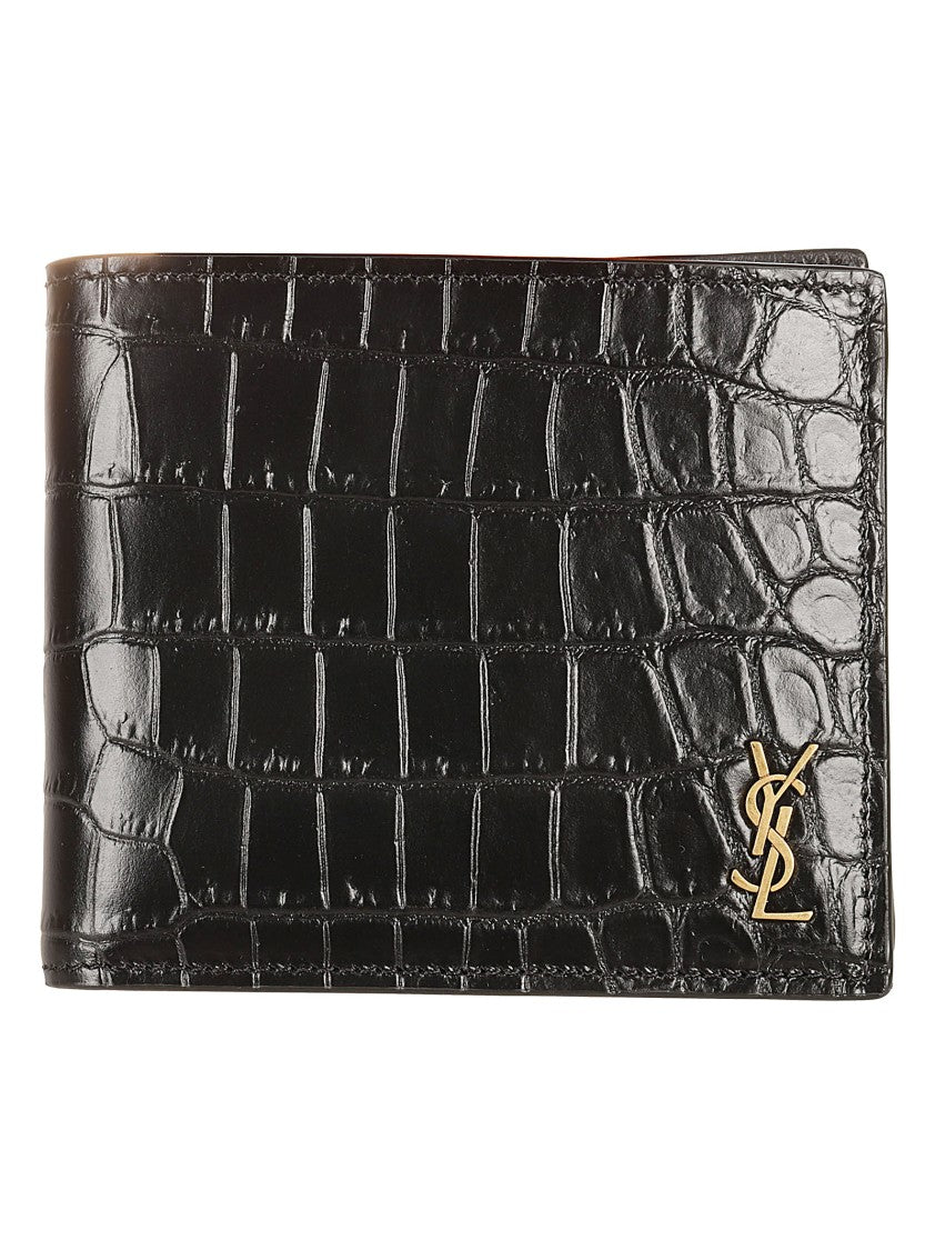 Saint Laurent Calf Leather Crocodile Pattern Bi-Fold Wallet